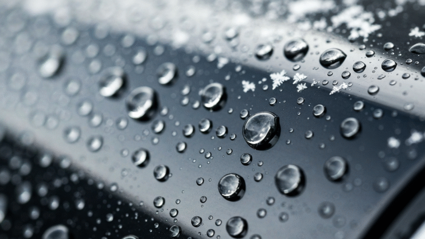 Ceramic coating water beading on car paint in Canadian winter snow