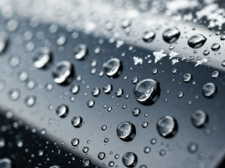 Ceramic coating water beading on car paint in Canadian winter snow