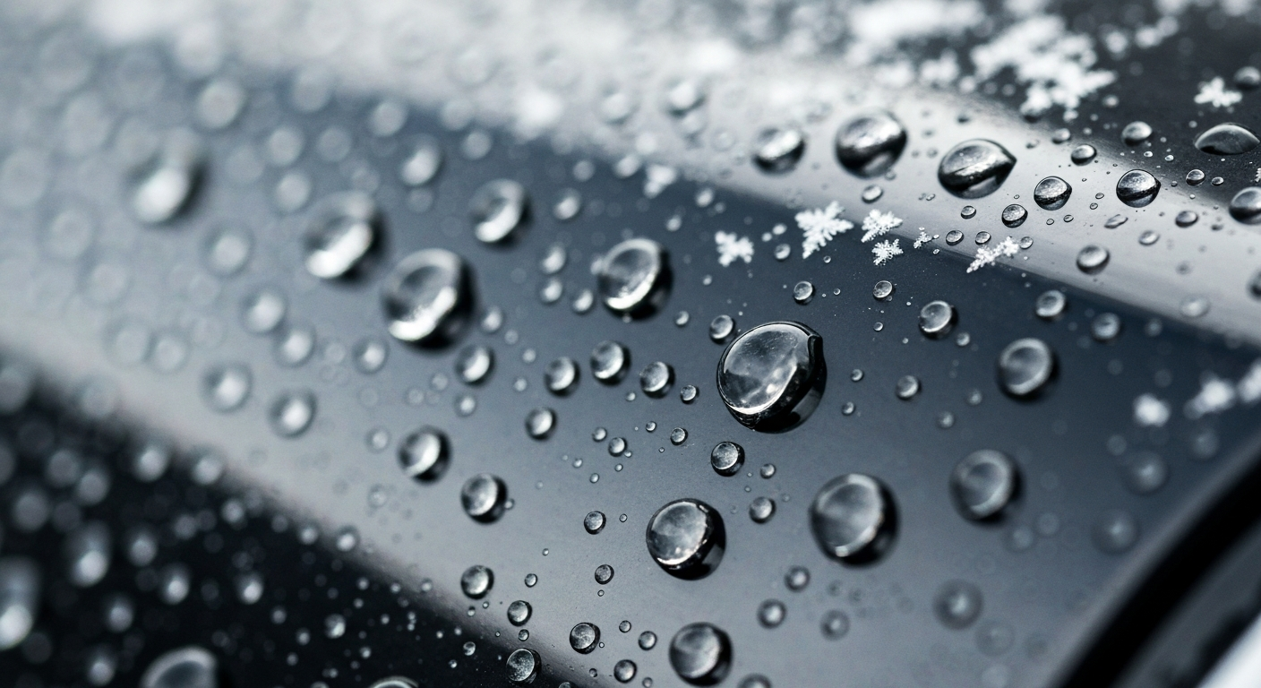 Ceramic coating water beading on car paint in Canadian winter snow