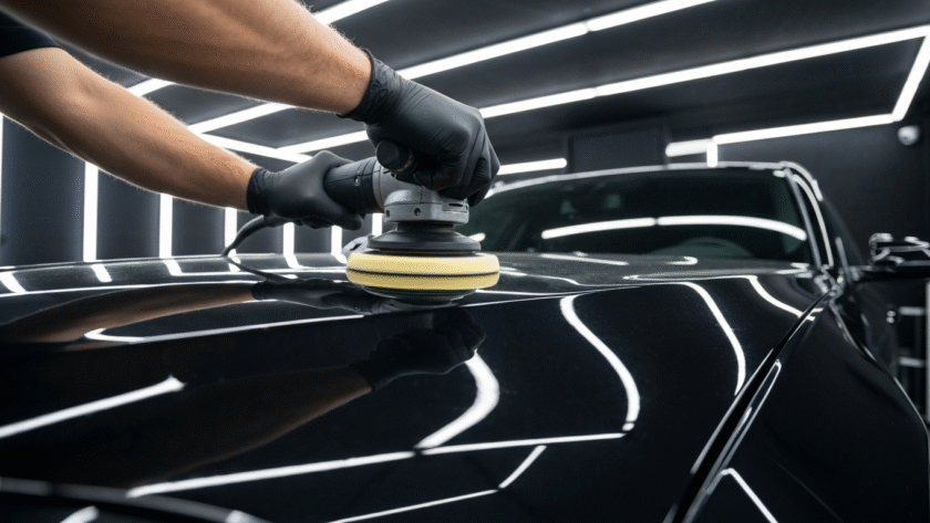 Gloved hands using a single-head orbital polisher on a black BMW at MDM Auto Detail Richmond Hill