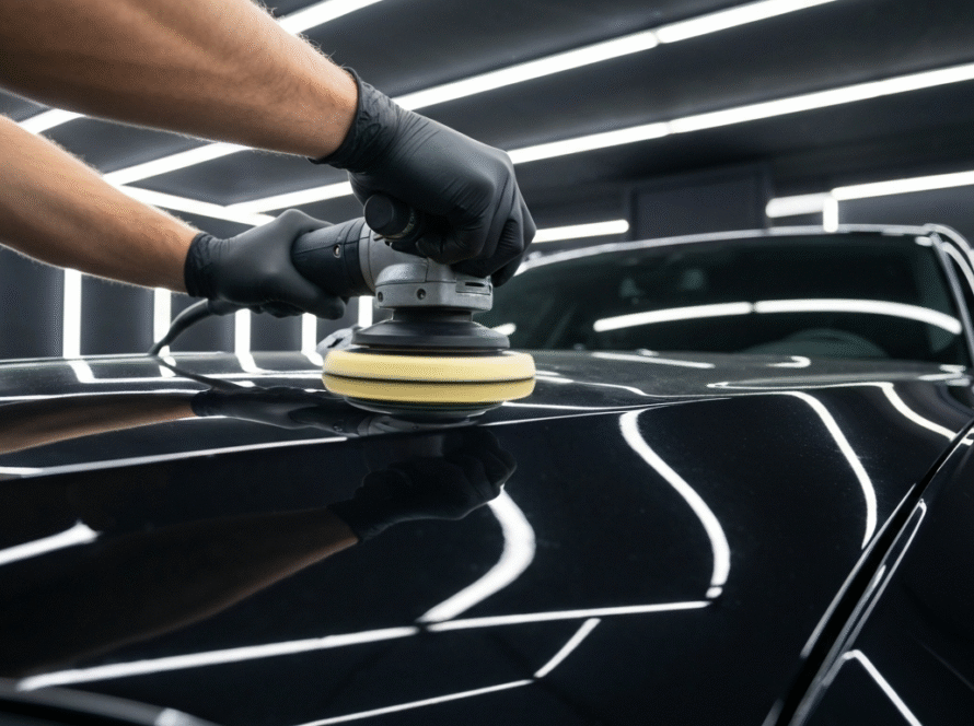 Gloved hands using a single-head orbital polisher on a black BMW at MDM Auto Detail Richmond Hill