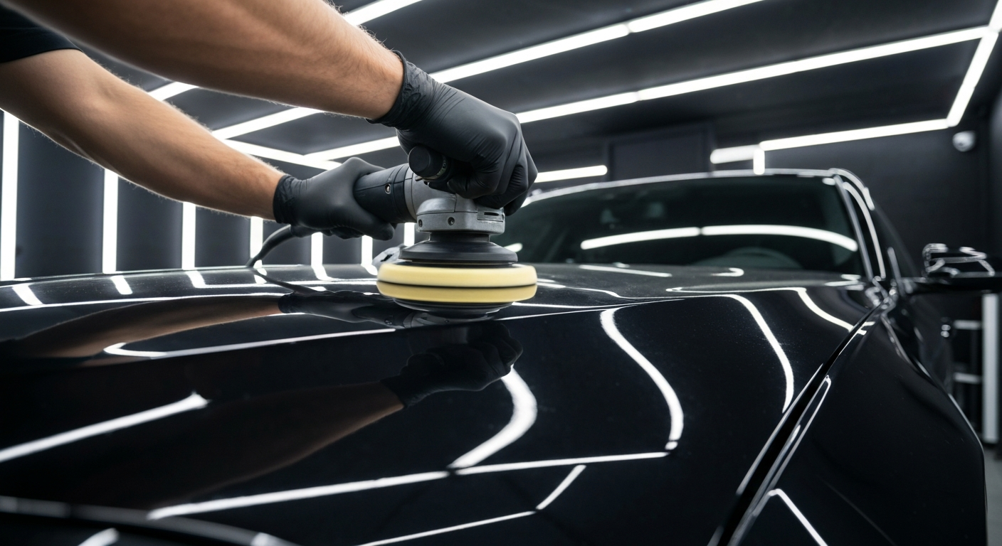 Gloved hands using a single-head orbital polisher on a black BMW at MDM Auto Detail Richmond Hill