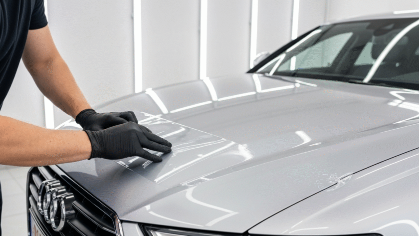 Technician applying paint protection film to the hood of a European car at MDM Auto Detail Richmond Hill