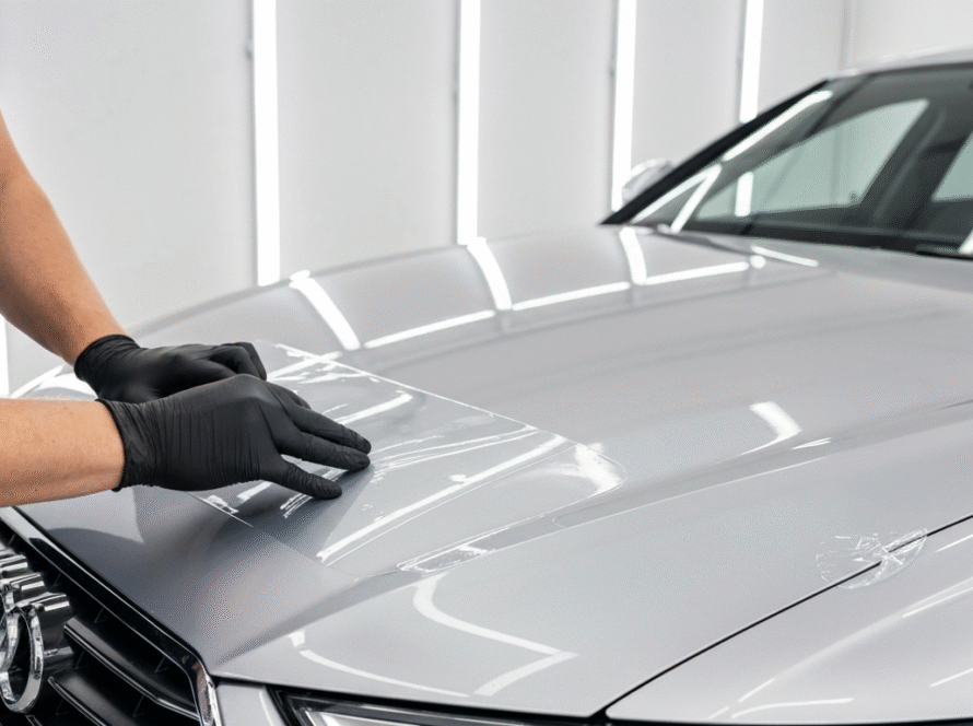 Technician applying paint protection film to the hood of a European car at MDM Auto Detail Richmond Hill