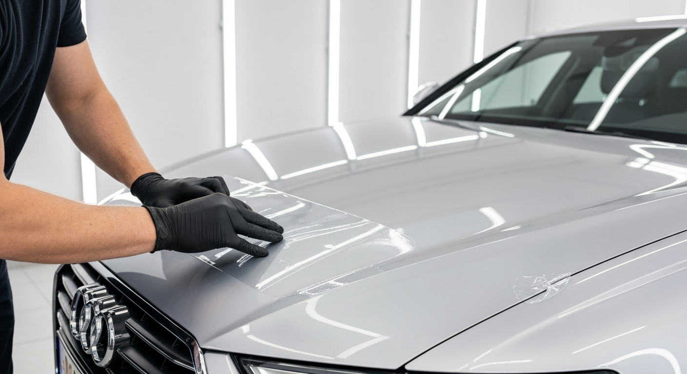 Technician applying paint protection film to the hood of a European car at MDM Auto Detail Richmond Hill