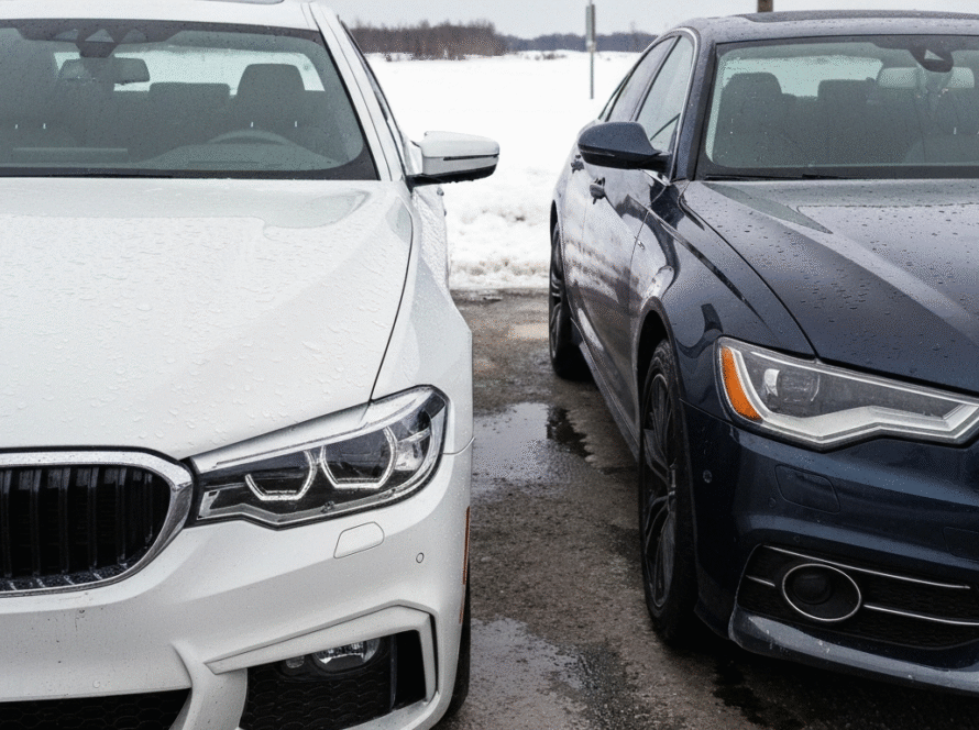 Two luxury cars showing paint protection in Ontario winter conditions