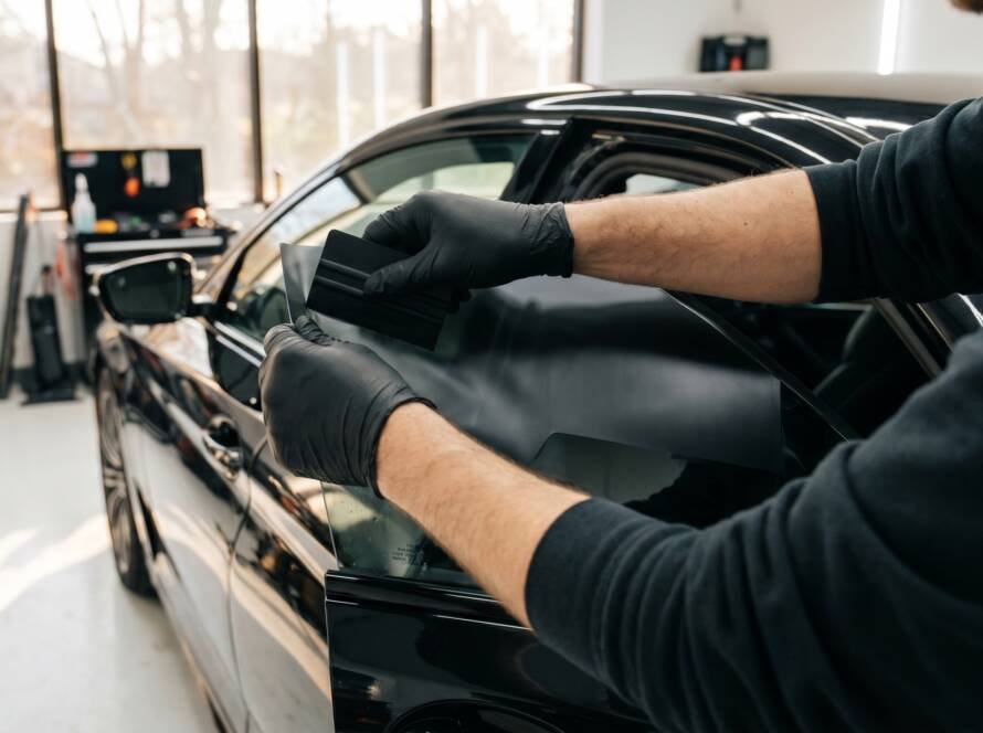 Technician applying XPEL ceramic window tint to a BMW at MDM Auto Detail in Richmond Hill