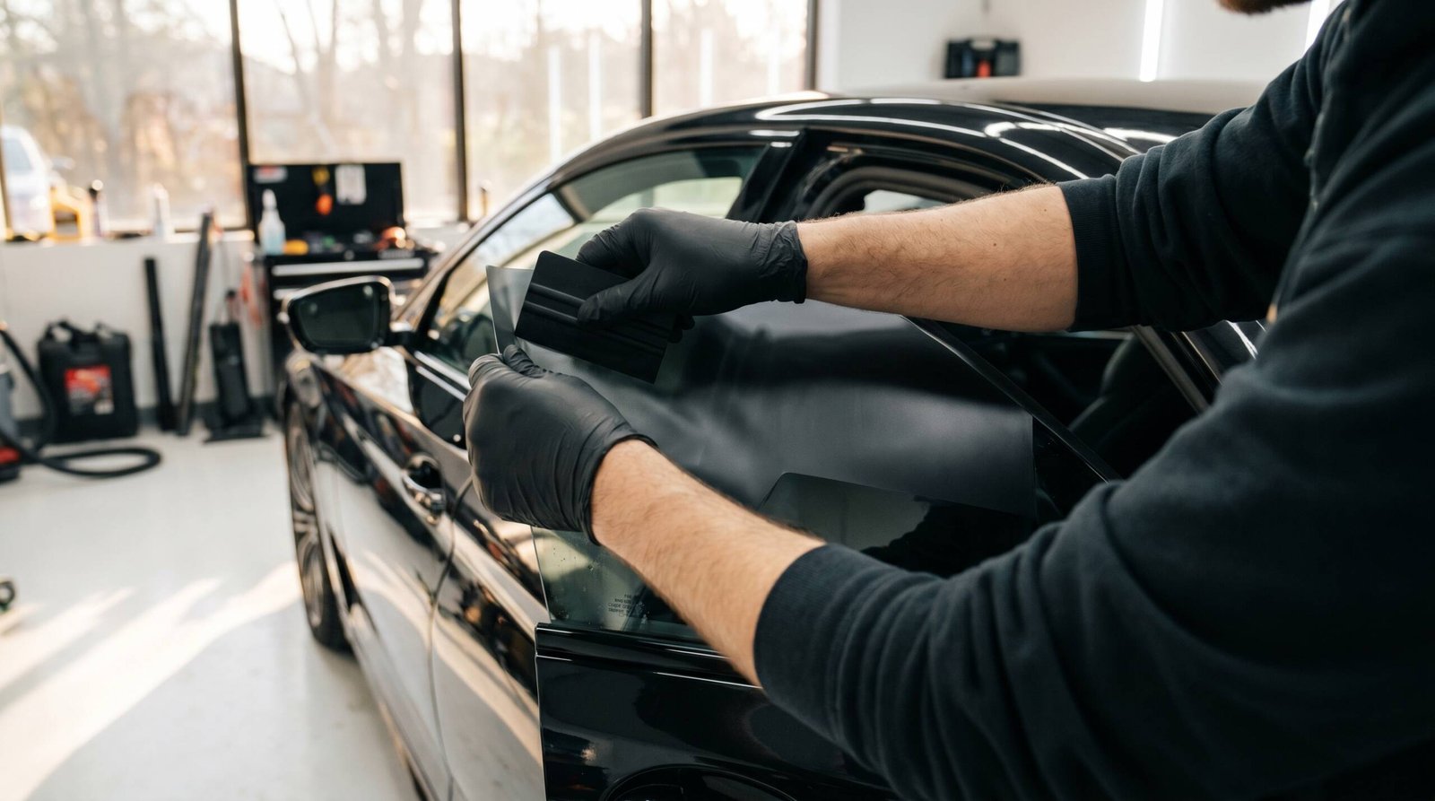 Technician applying XPEL ceramic window tint to a BMW at MDM Auto Detail in Richmond Hill