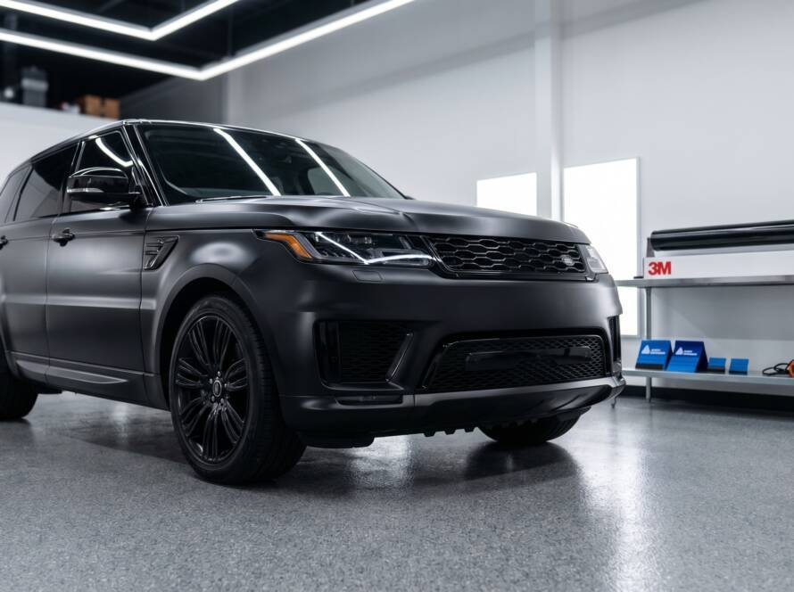 Matte black vinyl wrapped SUV inside MDM Auto Detail studio Richmond Hill