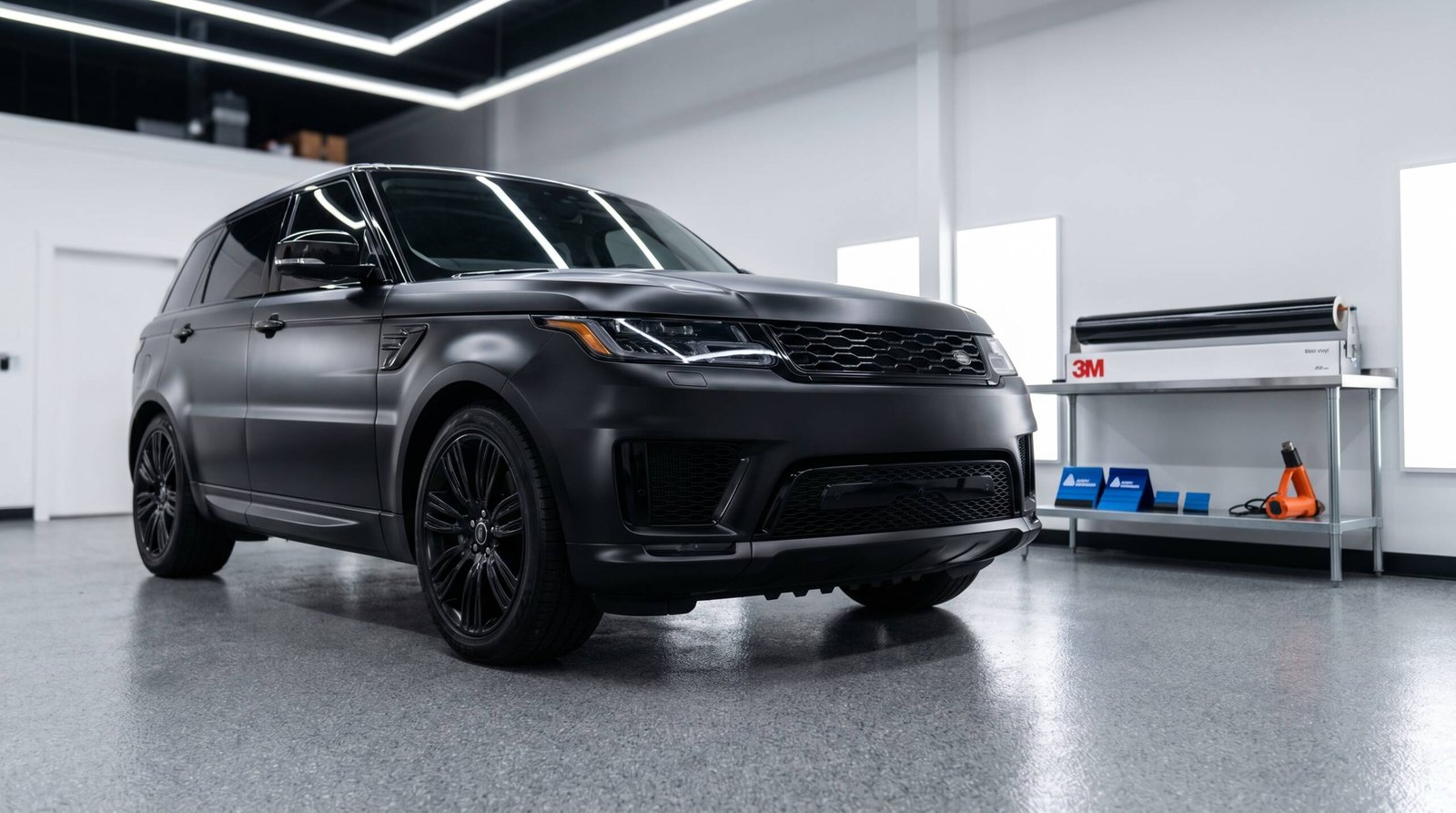 Matte black vinyl wrapped SUV inside MDM Auto Detail studio Richmond Hill