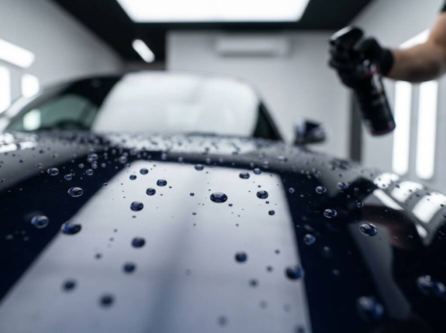 Water beading on ceramic coated car paint at MDM Auto Detail Richmond Hill