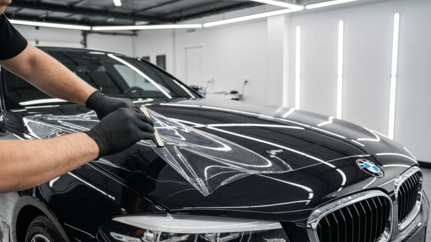 Technician applying paint protection film to a BMW at MDM Auto Detail near Markham