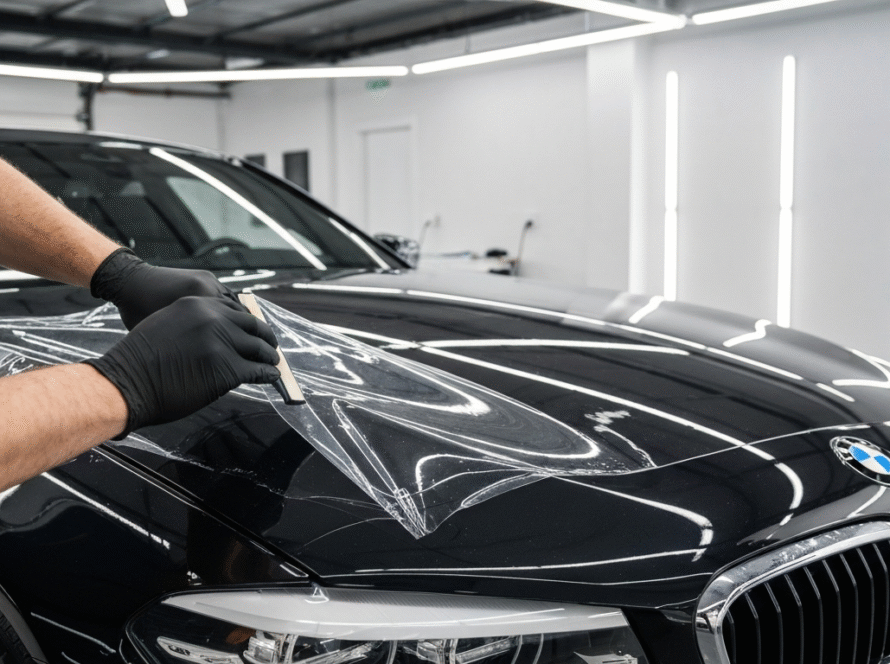 Technician applying paint protection film to a BMW at MDM Auto Detail near Markham