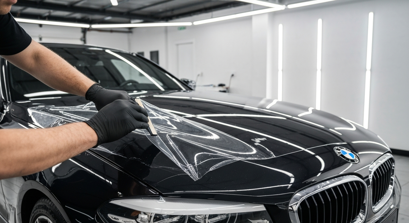 Technician applying paint protection film to a BMW at MDM Auto Detail near Markham