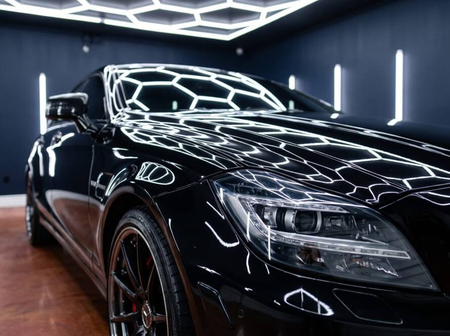Close-up of a freshly ceramic coated black Mercedes reflecting LED lights at MDM Auto Detail Richmond Hill