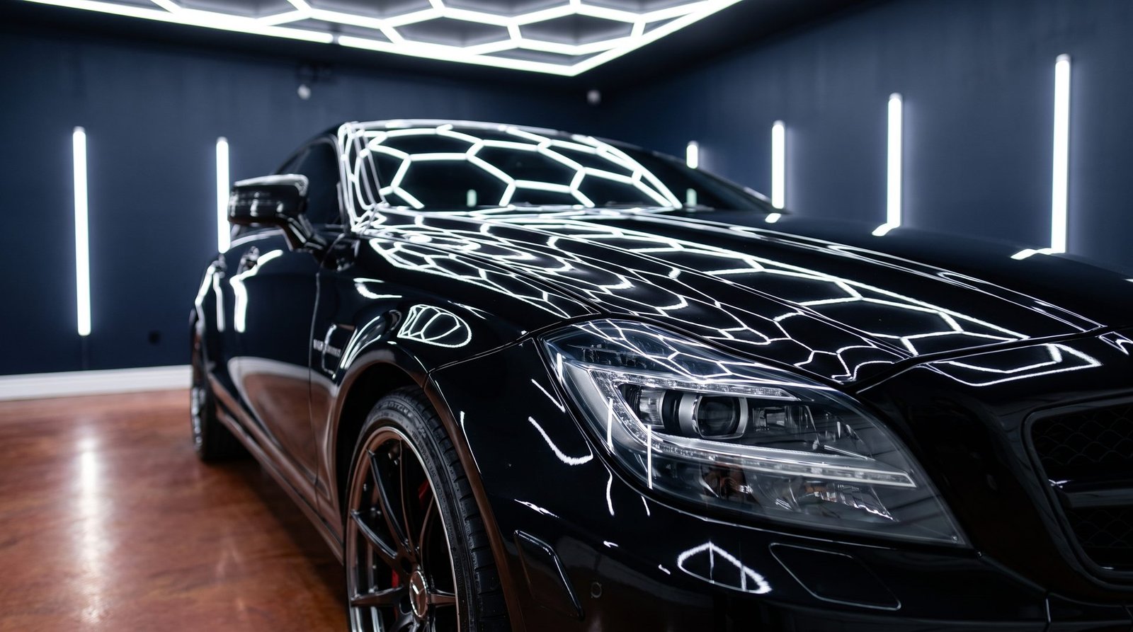 Close-up of a freshly ceramic coated black Mercedes reflecting LED lights at MDM Auto Detail Richmond Hill
